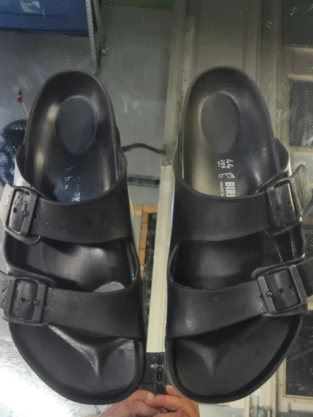 Mens 11 black Birkenstock Arizona EVA sandals,  lightweight two-strap Design.